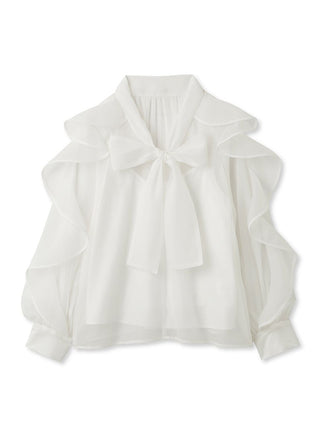 Bow Tie Ruffle Shirt in White, Premium Fashionable Women's Tops Collection at SNIDEL USA.