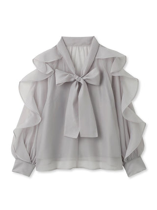 Bow Tie Ruffle Shirt in Light Grey Premium Fashionable Women's Tops Collection at SNIDEL USA.