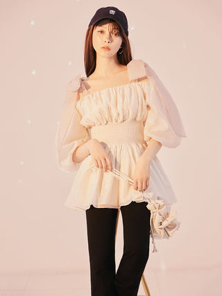 Bohemian Smocked Off-Shoulder Blouse in Ivory, Premium Fashionable Women's Tops Collection at SNIDEL USA.