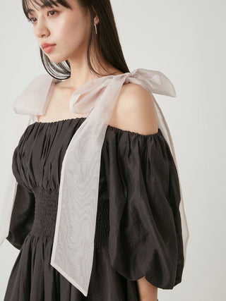 Bohemian Smocked Off-Shoulder Blouse in Black, Premium Fashionable Women's Tops Collection at SNIDEL USA.