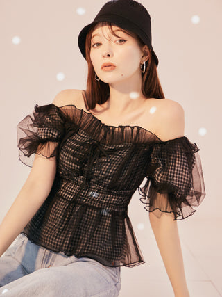 Gathered Ruffle Off-Shoulder Blouse in Check, Premium Fashionable Women's Tops Collection at SNIDEL USA.