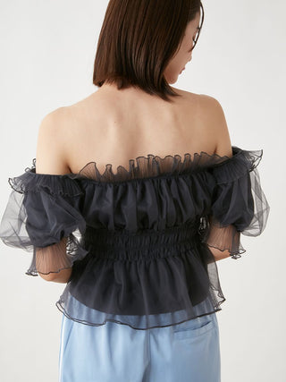 Gathered Ruffle Off-Shoulder Blouse in Navy, Premium Fashionable Women's Tops Collection at SNIDEL USA.