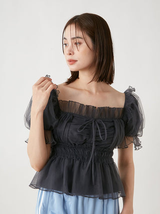 Gathered Ruffle Off-Shoulder Blouse in Navy, Premium Fashionable Women's Tops Collection at SNIDEL USA.