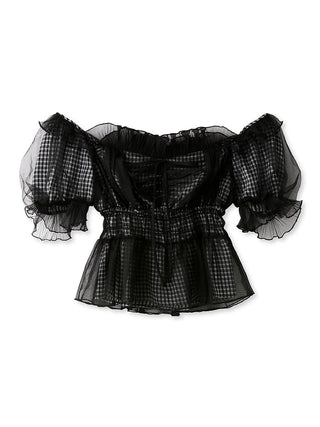 Gathered Ruffle Off-Shoulder Blouse in Check, Premium Fashionable Women's Tops Collection at SNIDEL USA.