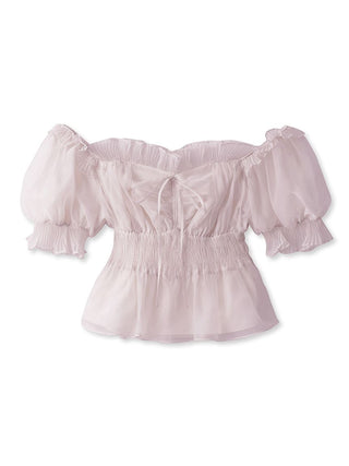 Gathered Ruffle Off-Shoulder Blouse in Light Pink, Premium Fashionable Women's Tops Collection at SNIDEL USA.