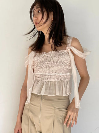 Bow Tie Strap Smocked Cropped Top in Pink Beige at Premium Fashionable Women's Tops Collection at SNIDEL USA