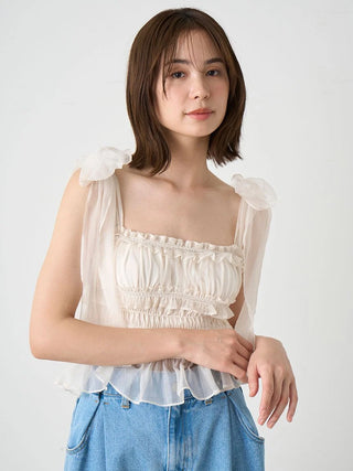 Bow Tie Strap Smocked Cropped Top in Ivory at Premium Fashionable Women's Tops Collection at SNIDEL USA