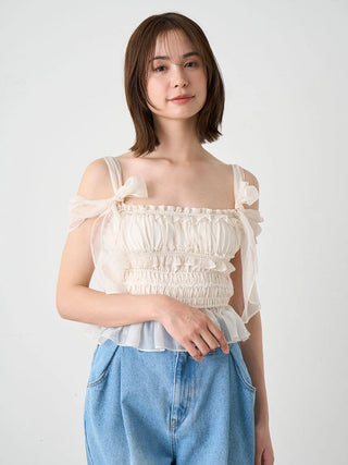 Bow Tie Strap Smocked Cropped Top in Ivory at Premium Fashionable Women's Tops Collection at SNIDEL USA