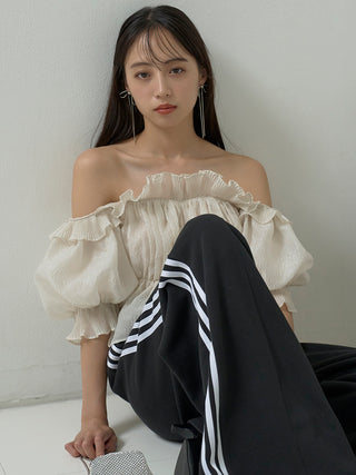 Jacquard Volume Gathered Off-Shoulder Ruffle Blouse in IVORY, Premium Fashionable Women's Tops Collection at SNIDEL USA.