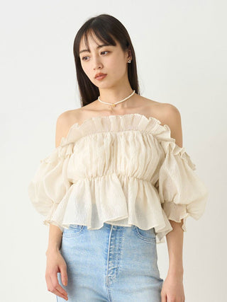 Jacquard Volume Gathered Off-Shoulder Ruffle Blouse in IVORY, Premium Fashionable Women's Tops Collection at SNIDEL USA.