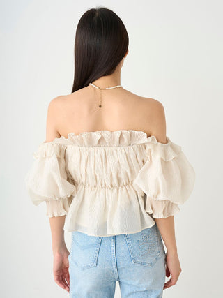 Jacquard Volume Gathered Off-Shoulder Ruffle Blouse in IVORY, Premium Fashionable Women's Tops Collection at SNIDEL USA.