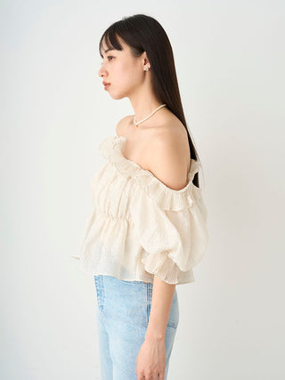 Jacquard Volume Gathered Off-Shoulder Ruffle Blouse in IVORY, Premium Fashionable Women's Tops Collection at SNIDEL USA.