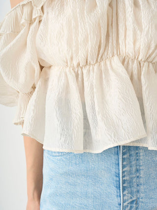 Jacquard Volume Gathered Off-Shoulder Ruffle Blouse in IVORY, Premium Fashionable Women's Tops Collection at SNIDEL USA.