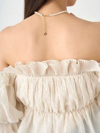 Jacquard Volume Gathered Off-Shoulder Ruffle Blouse in IVORY, Premium Fashionable Women's Tops Collection at SNIDEL USA.