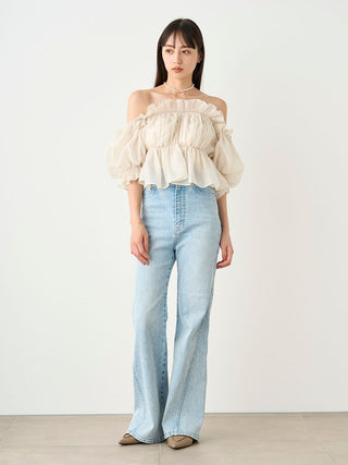 Jacquard Volume Gathered Off-Shoulder Ruffle Blouse in IVORY, Premium Fashionable Women's Tops Collection at SNIDEL USA.