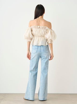 Jacquard Volume Gathered Off-Shoulder Ruffle Blouse in IVORY, Premium Fashionable Women's Tops Collection at SNIDEL USA.