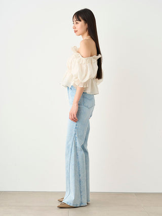 Jacquard Volume Gathered Off-Shoulder Ruffle Blouse in IVORY, Premium Fashionable Women's Tops Collection at SNIDEL USA.