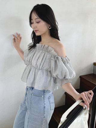 Jacquard Volume Gathered Off-Shoulder Ruffle Blouse in MINT, Premium Fashionable Women's Tops Collection at SNIDEL USA.