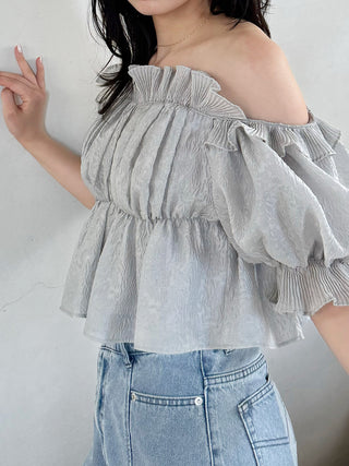 Jacquard Volume Gathered Off-Shoulder Ruffle Blouse in MINT, Premium Fashionable Women's Tops Collection at SNIDEL USA.