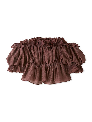 Jacquard Volume Gathered Off-Shoulder Ruffle Blouse in BORDEAUX, Premium Fashionable Women's Tops Collection at SNIDEL USA.