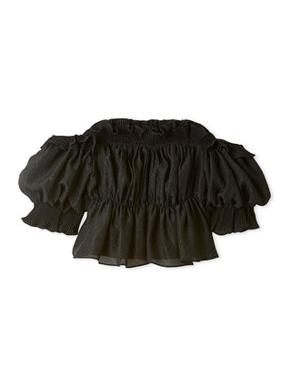 Jacquard Volume Gathered Off-Shoulder Ruffle Blouse in BLACK, Premium Fashionable Women's Tops Collection at SNIDEL USA.