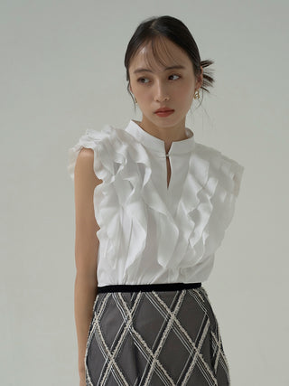 Ruffle Front Sleeveless Blouse in WHITE, Premium Fashionable Women's Tops Collection at SNIDEL USA.