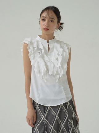 Ruffle Front Sleeveless Blouse in WHITE, Premium Fashionable Women's Tops Collection at SNIDEL USA.