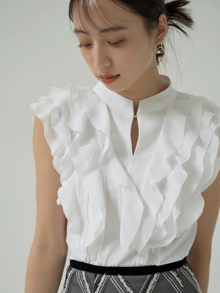 Ruffle Front Sleeveless Blouse in WHITE, Premium Fashionable Women's Tops Collection at SNIDEL USA.