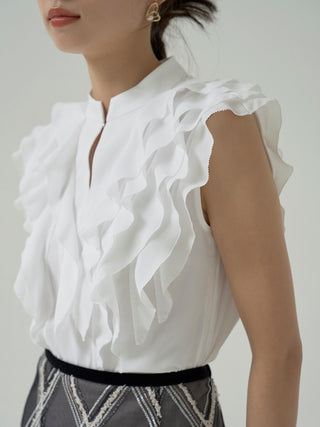 Ruffle Front Sleeveless Blouse in WHITE, Premium Fashionable Women's Tops Collection at SNIDEL USA.