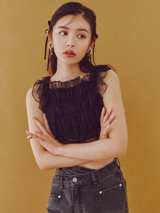 Smocked Ruffle Lace Crop Top in BLACK, Premium Fashionable Women's Tops Collection at SNIDEL USA.