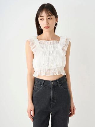 Smocked Ruffle Lace Crop Top in WHITE, Premium Fashionable Women's Tops Collection at SNIDEL USA.