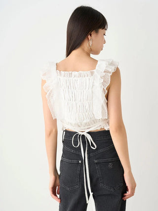 Smocked Ruffle Lace Crop Top in WHITE, Premium Fashionable Women's Tops Collection at SNIDEL USA.