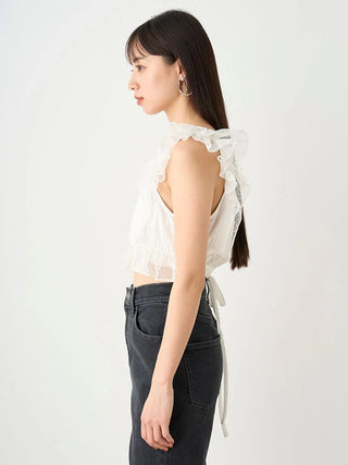 Smocked Ruffle Lace Crop Top in WHITE, Premium Fashionable Women's Tops Collection at SNIDEL USA.