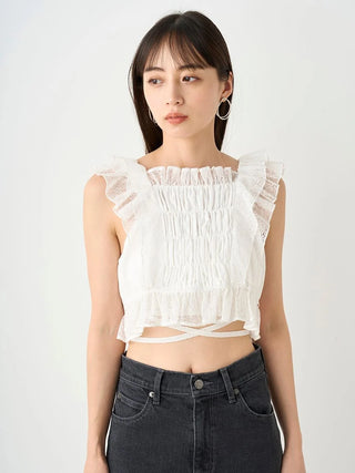 Smocked Ruffle Lace Crop Top in WHITE, Premium Fashionable Women's Tops Collection at SNIDEL USA.