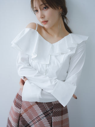 Asymmetric Off-Shoulder Ruffled Blouse in WHITE, Premium Fashionable Women's Tops Collection at SNIDEL USA.