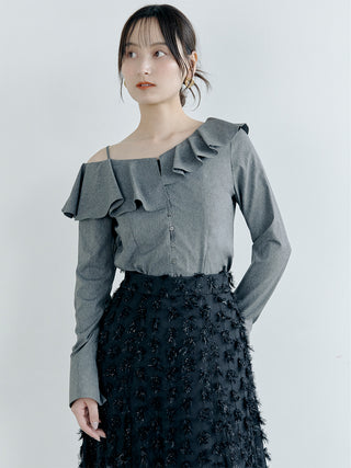 Asymmetric Off-Shoulder Ruffled Blouse in GRAY, Premium Fashionable Women's Tops Collection at SNIDEL USA.