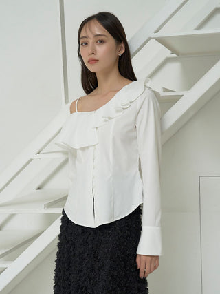 Asymmetric Off-Shoulder Ruffled Blouse in WHITE, Premium Fashionable Women's Tops Collection at SNIDEL USA.