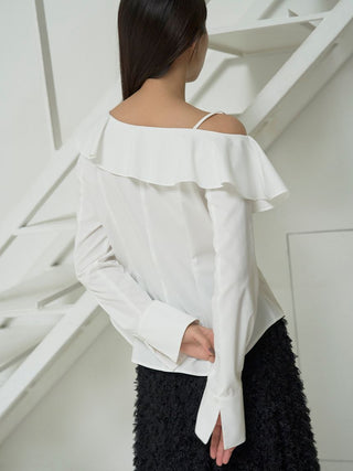 Asymmetric Off-Shoulder Ruffled Blouse in WHITE, Premium Fashionable Women's Tops Collection at SNIDEL USA.