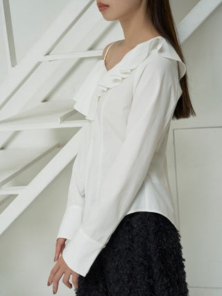 Asymmetric Off-Shoulder Ruffled Blouse in WHITE, Premium Fashionable Women's Tops Collection at SNIDEL USA.