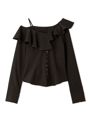 Asymmetric Off-Shoulder Ruffled Blouse in BLACK, Premium Fashionable Women's Tops Collection at SNIDEL USA.