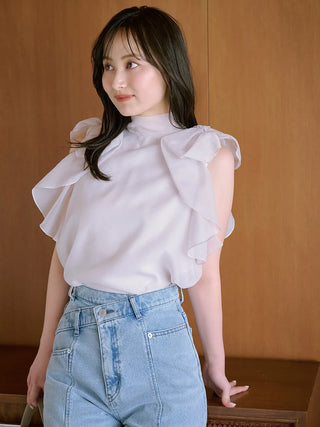 Sustainable High Neck Sleeveless Ruffle Blouse in OFF WHITE, Premium Fashionable Women's Tops Collection at SNIDEL USA.