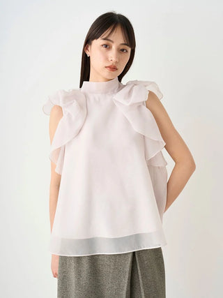 Sustainable High Neck Sleeveless Ruffle Blouse in OFF WHITE, Premium Fashionable Women's Tops Collection at SNIDEL USA.