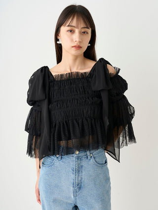 Sheer Ruffle Off-Shoulder Top in Black, Premium Fashionable Women's Tops Collection at SNIDEL USA