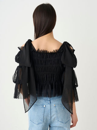 Sheer Ruffle Off-Shoulder Top in Black, Premium Fashionable Women's Tops Collection at SNIDEL USA