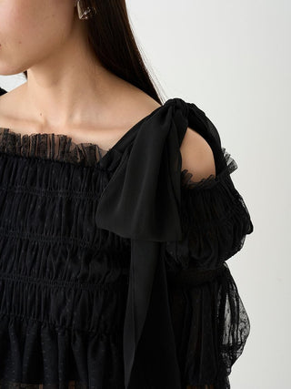 Sheer Ruffle Off-Shoulder Top in Black, Premium Fashionable Women's Tops Collection at SNIDEL USA