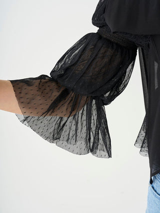 Sheer Ruffle Off-Shoulder Top in Black, Premium Fashionable Women's Tops Collection at SNIDEL USA