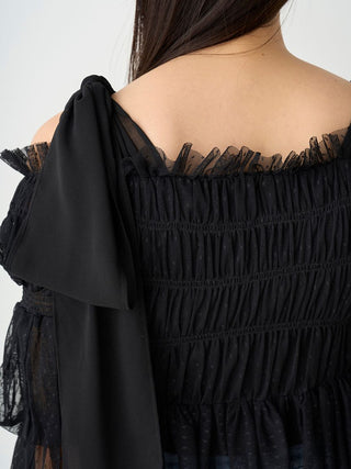 Sheer Ruffle Off-Shoulder Top in Black, Premium Fashionable Women's Tops Collection at SNIDEL USA