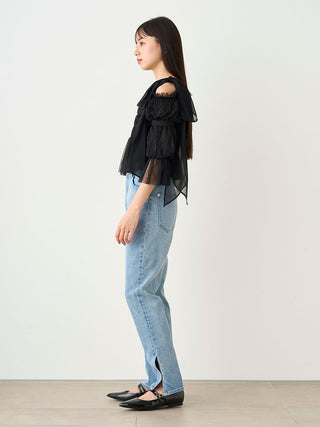 Sheer Ruffle Off-Shoulder Top in Black, Premium Fashionable Women's Tops Collection at SNIDEL USA