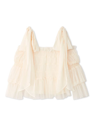 Sheer Ruffle Off-Shoulder Top in Ivory, Premium Fashionable Women's Tops Collection at SNIDEL USA