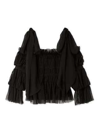 Sheer Ruffle Off-Shoulder Top in Black, Premium Fashionable Women's Tops Collection at SNIDEL USA